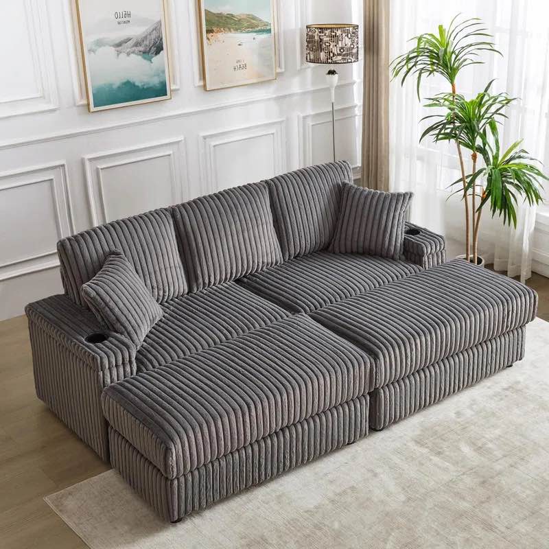 Glauser 84.5Inch Corduroy Upholstered Fabric Sofa With Ottoman