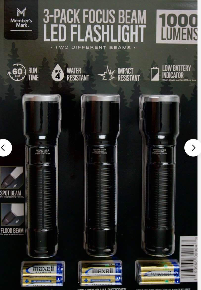 Member's Mark Focus Beam LED Flashlight 1000 Lumens Batteries Included, 3 Pack