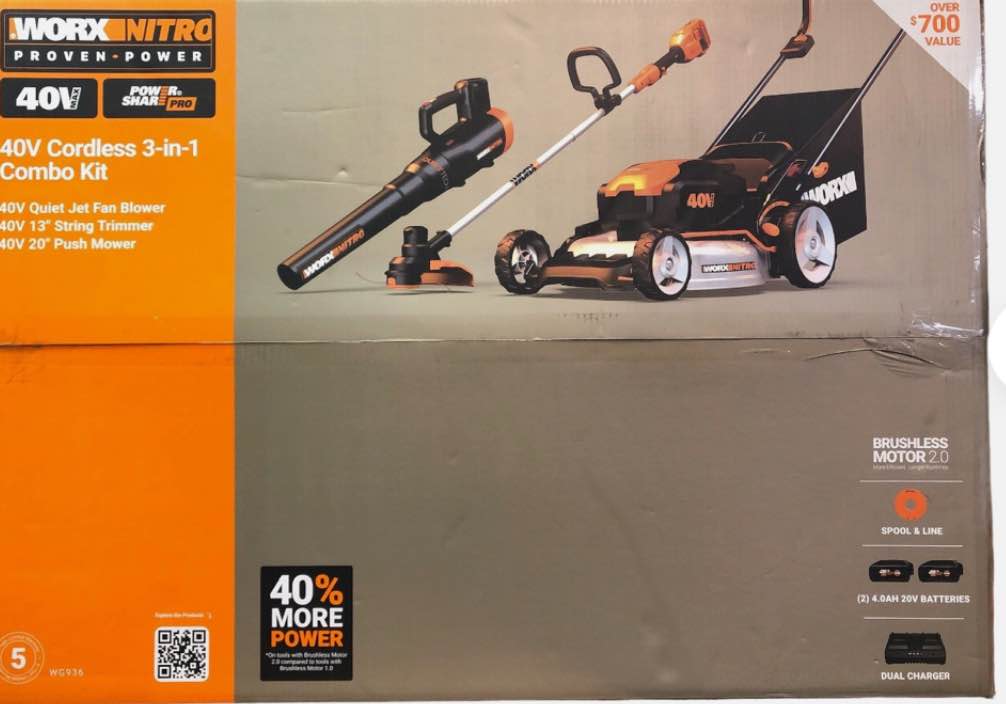 worx nitro 40v cordless 3-in-1 combo kit - blower, 13" trimmer, 20" push mower
