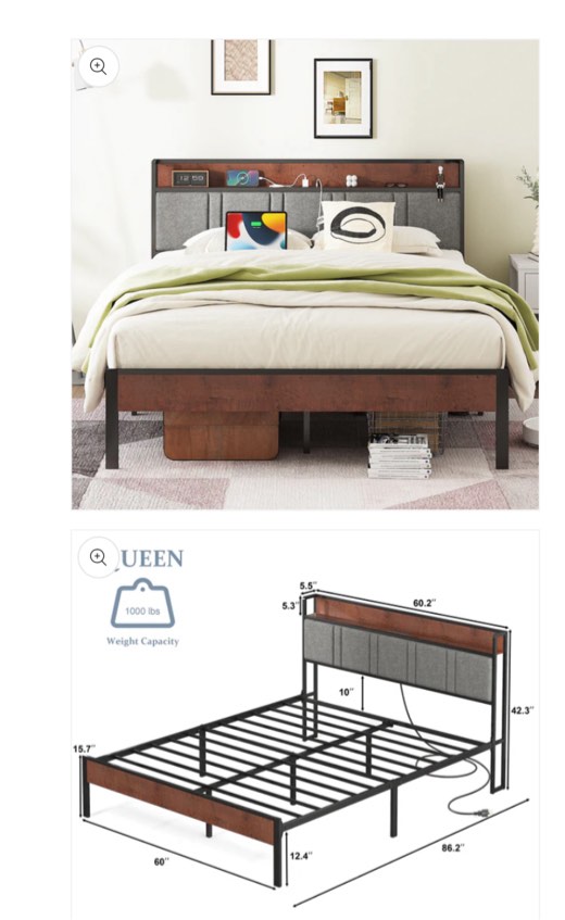 NISIEN Queen Bed Frame, Platform Bed Frame with Storage Headboard and Charging Station, No Box Spring Needed, Grey