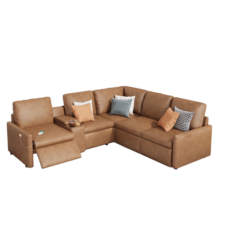Power Recliner, Reclining Sectional Sofa With Console& Dual Recliner, 7 Seats L Shaped Recliner Sofa With Cup Holder& Charging Port, Leather Modular Couch For Living Room Size: 38" H x 128" W x 117.5" D. ( incomplete; 4 piece only)