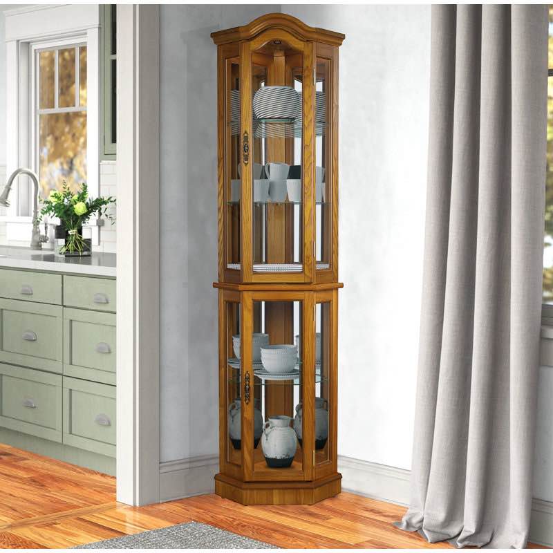 Brumunddal Lighted Corner Curio Cabinet Color: Oak