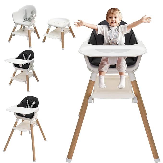 6-in-1 Wooden High Chair, High Chairs for Babies and Toddlers, Baby Highchairs with Adjustable Legs & Dishwasher Safe Tray,5-Point Harness, PU Cushion and Footrest for Baby, Girl, Toddlers (Grey)