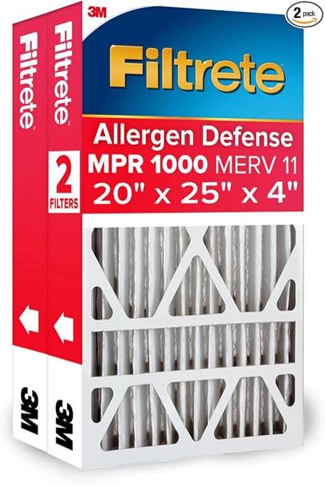 Filtrete 20x25x4, AC Furnace Air Filter, MPR 1000 DP, Micro Allergen Defense Deep Pleat, 2-Pack (actual dimensions 19.88 x 24.63 x 4.31)