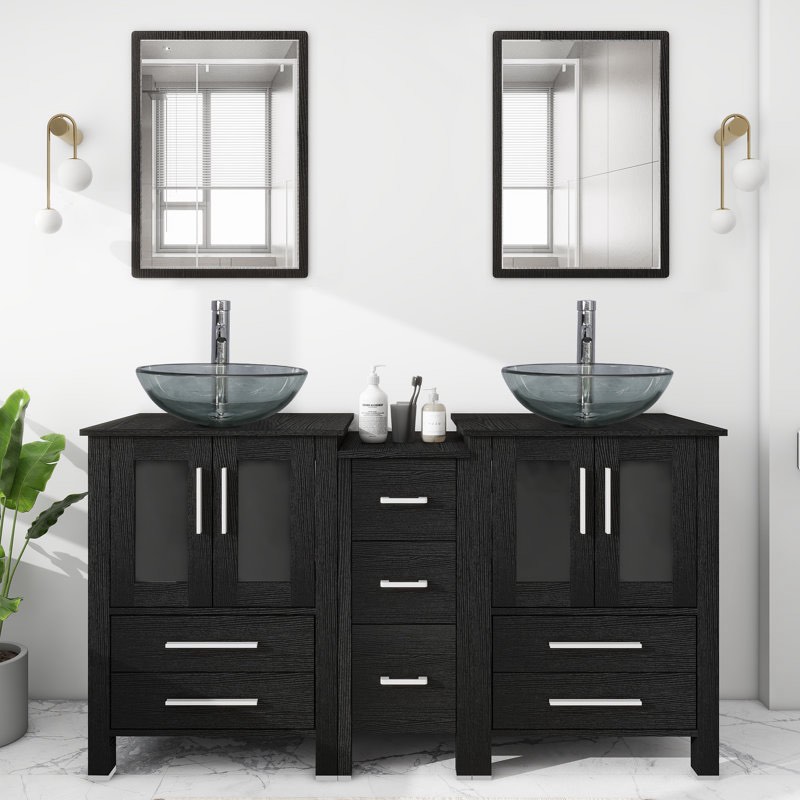 Chaitan 60'' Double Bathroom Vanity with Vessel Sink, Manufactured Wood Top, Faucet (Set of 5) Sink Finish: Silver, Base Finish: Black ( incomplete set; 1 box only)