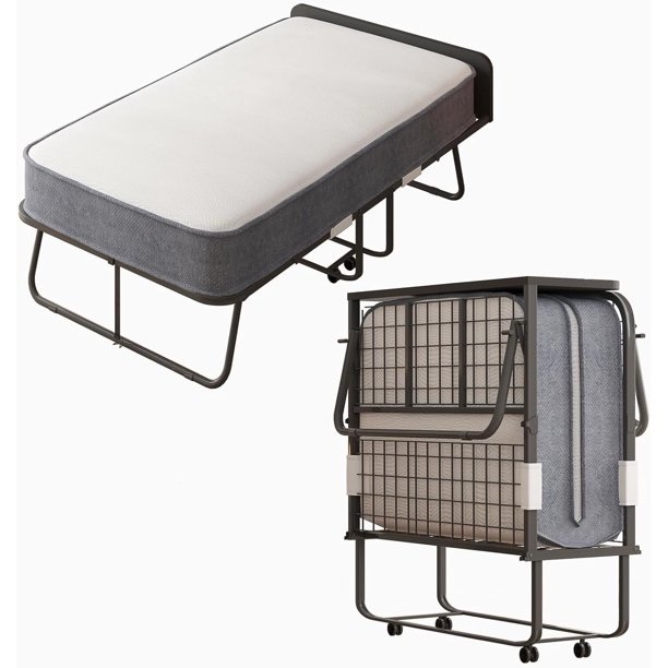 ijuicy Folding Bed,75" x 38" Rollaway Bed with 5”Thickness Mattress,High Rebound Foam Filling,Steel Frame with 4 Movable and Lockable Wheels