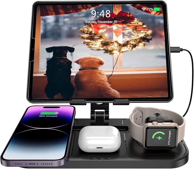 Wireless Charger for Apple Charging Station, 4 in 1 iPad Charging Station, Foldable Charger for Apple Multiple Devices, iPhone 16 Pro Max/15/14/13/AirPod Pro 3/2, Watch Charger for iWatch 10/9/8/7
