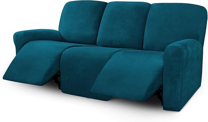 ULTICOR Velvet 8-Pieces Recliner Sofa Covers Stretch Reclining Couch Covers for 3 Cushion Reclining Sofa Slipcovers Furniture Covers Thick Soft Washable (3 Seater Recliner Cover, Deep Teal)