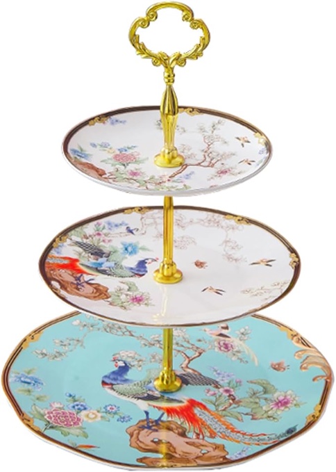 ACMLIFE 3-Tier Afternoon Tea Stand Porcelain Serving Stand Cupcake Stand Vintage Floral 3-Tier Tray Stand Light Blue Bone China Cake Stand for Tea Parties and Dessert Displays (Blue3)