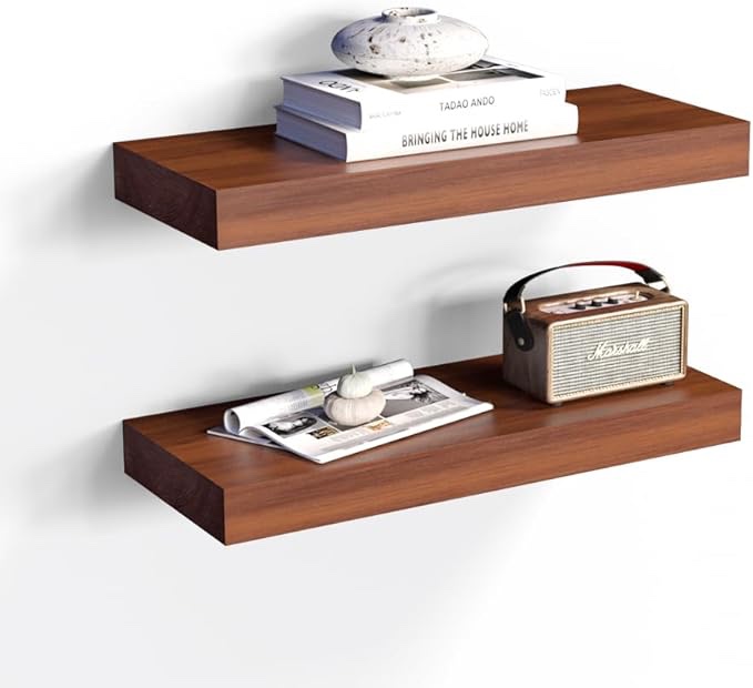 Habudda Floating Shelves, Hanging Wall Wood Shelf for Rustic Home Decor, Bathroom, Bedroom, Kitchen Display, Invisible Bracket, 17", 2 Pack