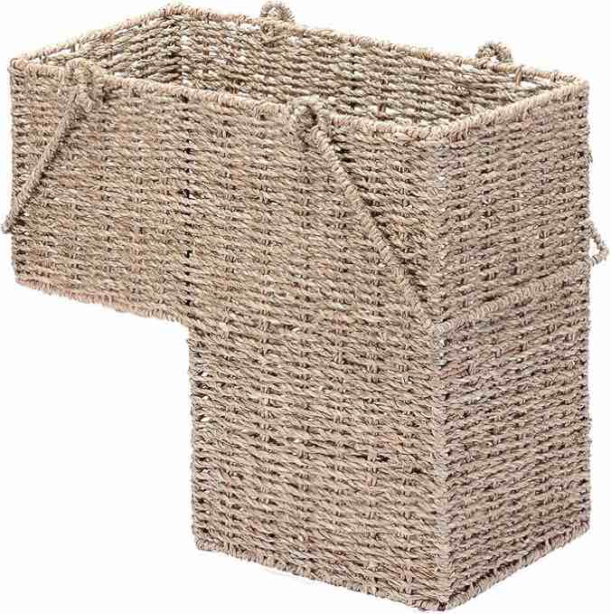 14-Inch Wicker Staircase Basket with Handles - Handmade L-Shaped Woven Seagrass Stair-Style Storage Organizer - Durable Container by Villacera