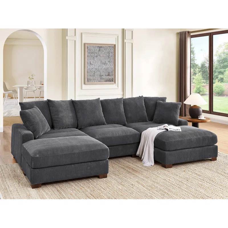 5-Pieces Corduroy Sectional With Wooden Legs And Headrests (incomplete, ottoman only)