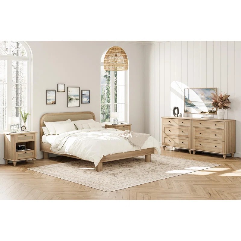 Scarlett 4 Piece Dresser And Nightstand Sets, Two 3 Drawer Dressers & Two Rattan Nightstands, Oak (incomplete 1 box only)