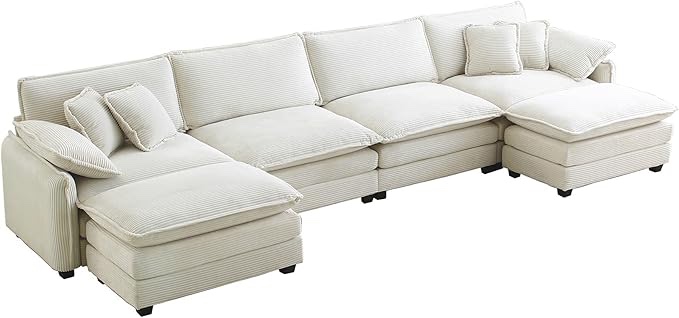 Wide Body Modular Corduroy Sectional Sofa Set, U-Shape Deep Seating Couch with Ottomans and Waist Pillows (Beige, 4-Seater + 2 * Ottoman) (incomplete 1 box only)