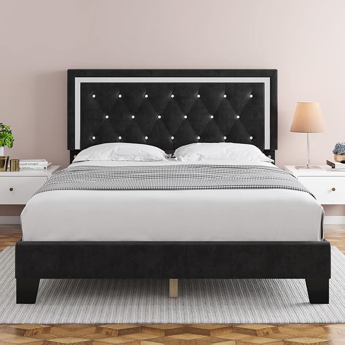 HITHOS Full Bed Frame, Upholstered Platform Bed Frame with Modern Adjustable Headboard, Diamond Tufted Mattress Foundation with Wooden Slat Support, No Box Spring Needed, Easy Assembly (Full, Black)