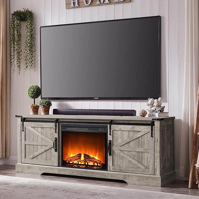 OKD Fireplace TV Stand for 70 75 Inch TV, 66 Inch Farmhouse Entertainment Center with 23" Electric Fireplace, Remote Control, Large Rustic Console Cabinet with Sliding Barn Door, Light Rustic Oak