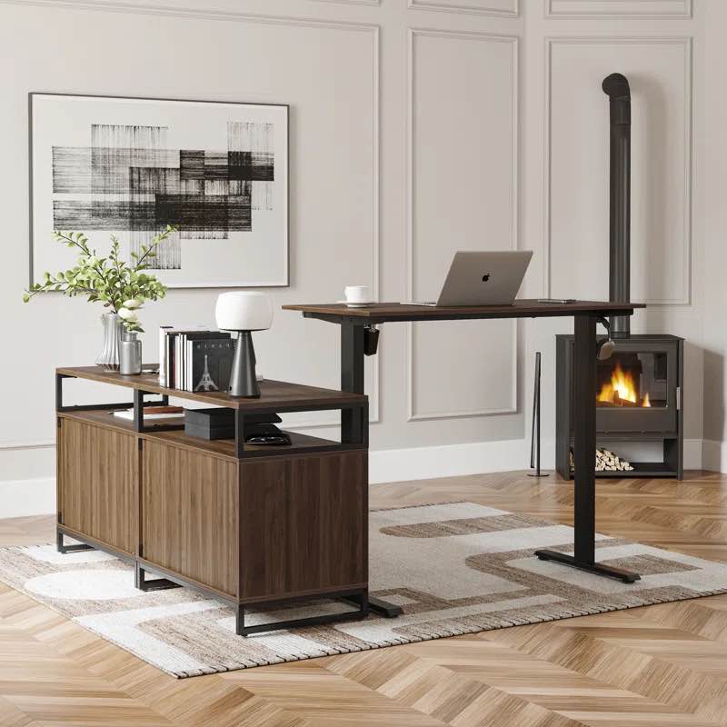 Normandie 66.1'' W Height Adjustable L-Shaped Standing Desk with and Cabinet (incomplete 1 box only)