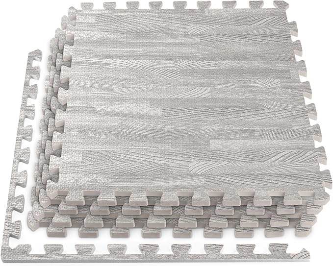 HomeCube USA 3/8 Inch Thick Interlocking Wood Grain Foam Floor Tiles for Home, Office, Workout Equipment Space, Commercial Areas, Anti-Fatigue Flooring Padding 24x24 in., Grey 12 Tiles