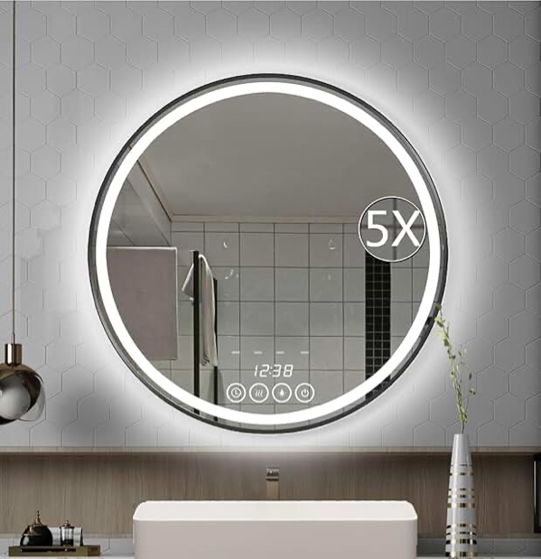 KWW 24 Inch Large Modern LED Round Bathroom Vanity Mirror, Color Temperature Adjustable, Anti-Fog Dimmable Lights, Easy to Install, Wall Mounted Makeup Mirror with Smart Touch Button