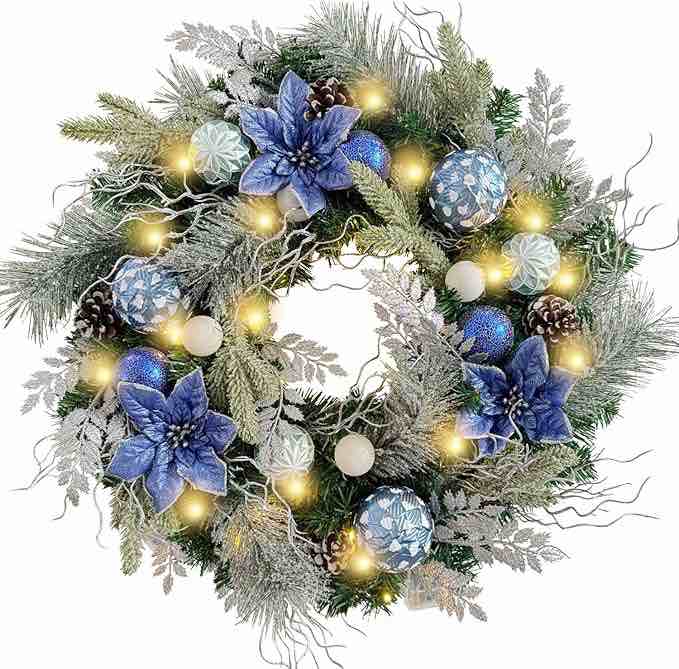 WANNA-CUL Pre-Lit 24 Inch Lighted Christmas Wreath for Front Door blue White Christmas Door Wreath Decoration with Ball Ornaments, Candy Canes,Eucalyptus Leaves, Battery Operated 30 LED Lights 01-24 Inch blue White