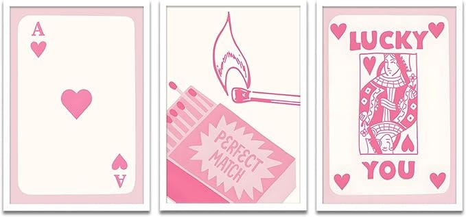 Modern Hearts Queen Poker Framed Canvas Wall Art Set of 3 - Perfect Match Poster Print Wall Decor Aesthetic, Pink Family Wall Decor for Bedroom Living Room - Unframed 16x24''