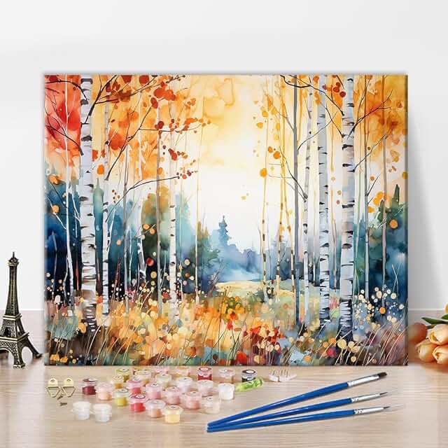 Paint by Numbers Birch Forest in Autumn Season DIY Paint by Numbers Kit for Adults and Kids DIY Canvas Painting by Numbers Watercolor Oil Painting Acrylic Painting Arts and Craft Framed 16x20 Inch