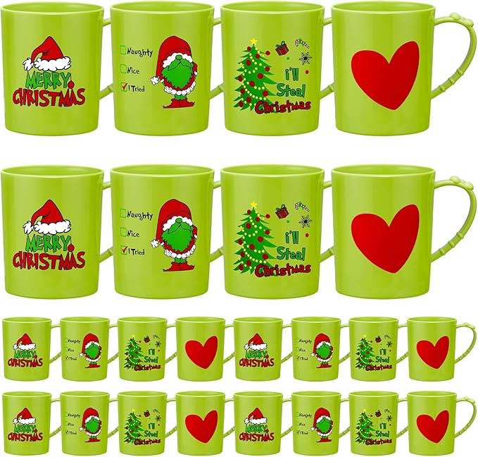 Suclain 24 Pcs Christmas Plastic Mugs Bulk 15 oz Stole Christmas Mugs With Handle Lime Green I'll Steal Christmas Cups Santa Christmas Trees Holiday Mugs for Winter Christmas Party Supplies (Fresh)