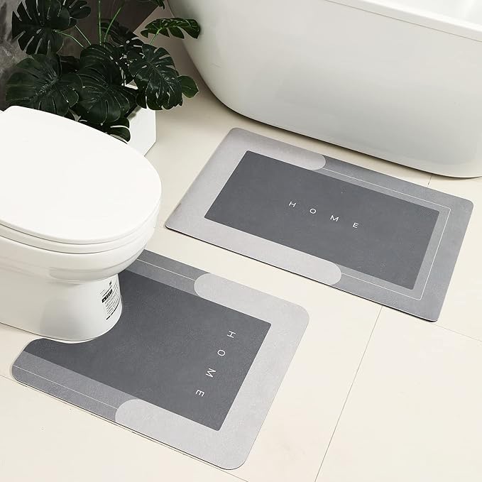 HelloTree 2Pcs Ultra Soft Napa Skin Bath Mat and U-Shaped Toilet Rug, Water Absorbent and Non Slip Shower Bath Rug for Bathroom, Tub and Shower - 20"x32"+20"x24", Grey