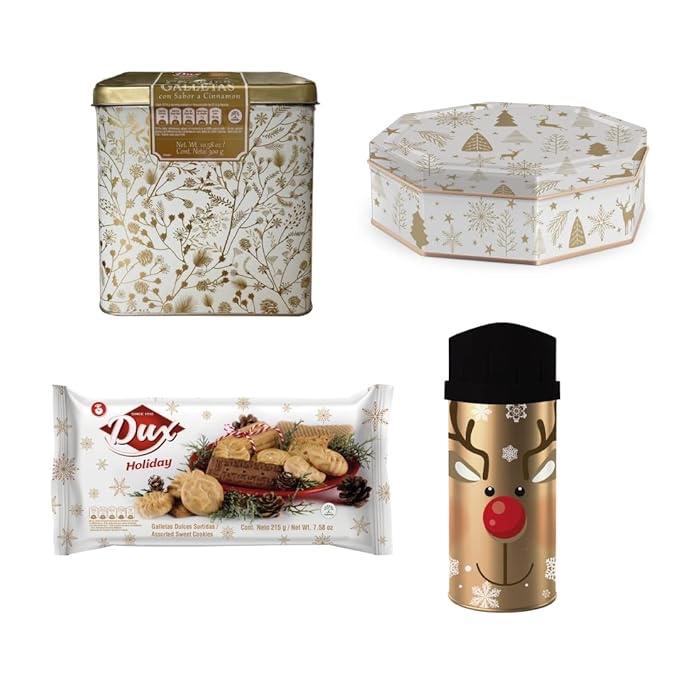 ((Best By : 07/05 /2024))Dux Holiday Variety Pack Cookies | 4 Special Packaging | Includes 1 Christmas Cookies Display, 1 Christmas Cookies Octagonal Tin, 1 Christmas Cookies Collection Tin, and 1 Christmas Cookies Villa Tin