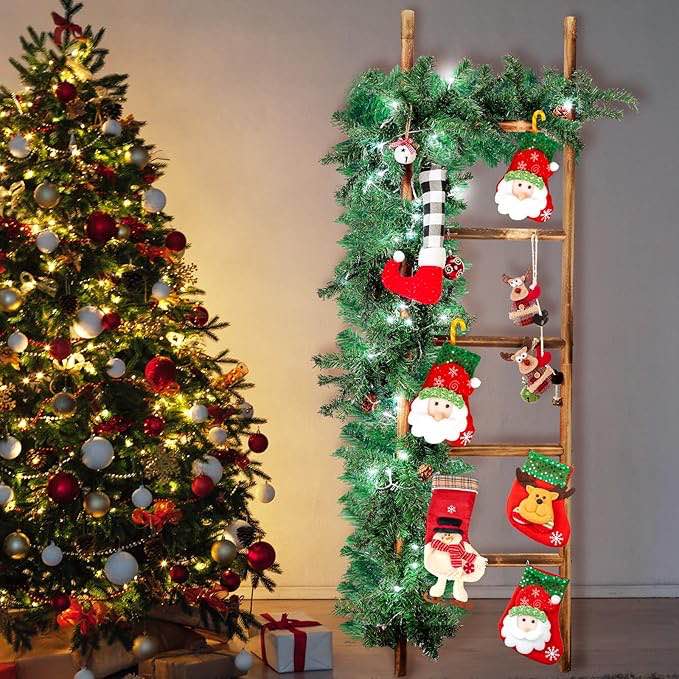 tigeen 3 pack lighted christmas stocking holder sets for wall 10 hook wooden christmas ladder stocking holder stand artificial garland with battery operated light for holiday party xmas home decor