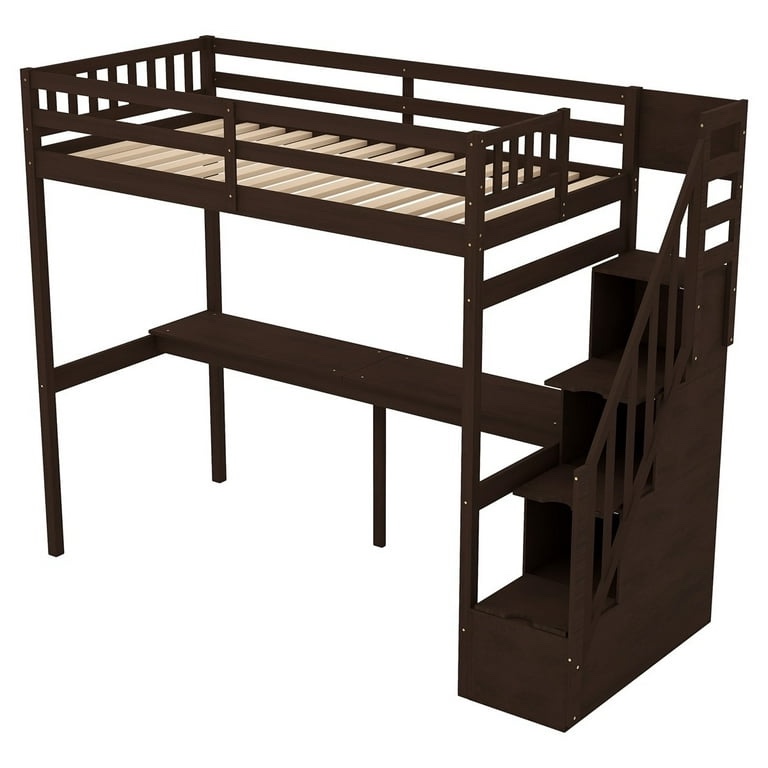 (incomplete)MERAX Twin Size Loft Bed with Staircase and Built-in Desk Espresso