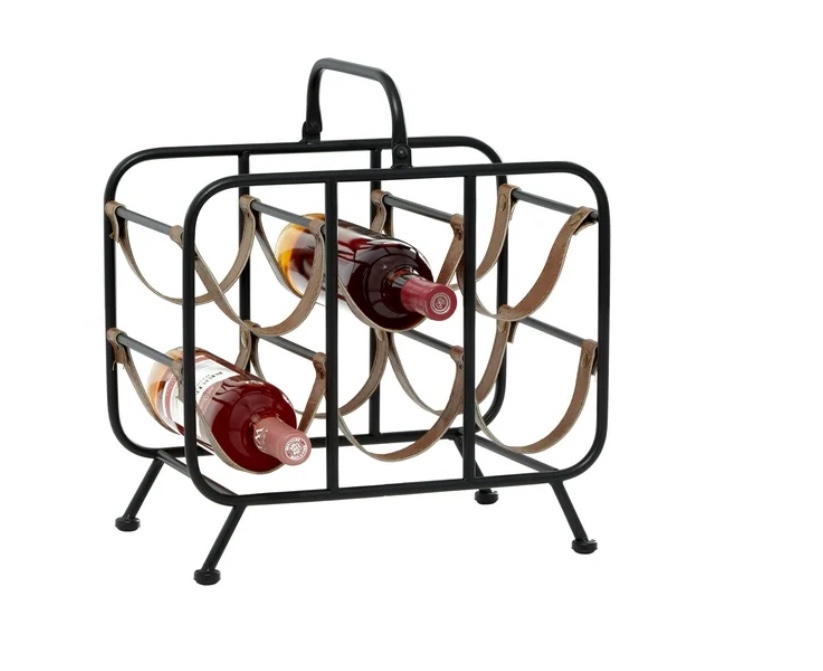 DecMode Contemporary Black Metal Frame Wine Rack with Carved Chisel Wood Design, 15"W x 16"H