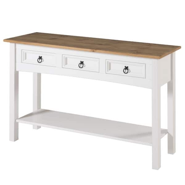 wood hall table console 3 drawers corona | furniture dash - white wash stain, tops in antique brown stain.