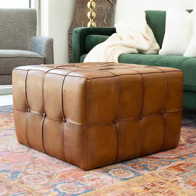 Large Square Tan Leather Ottoman