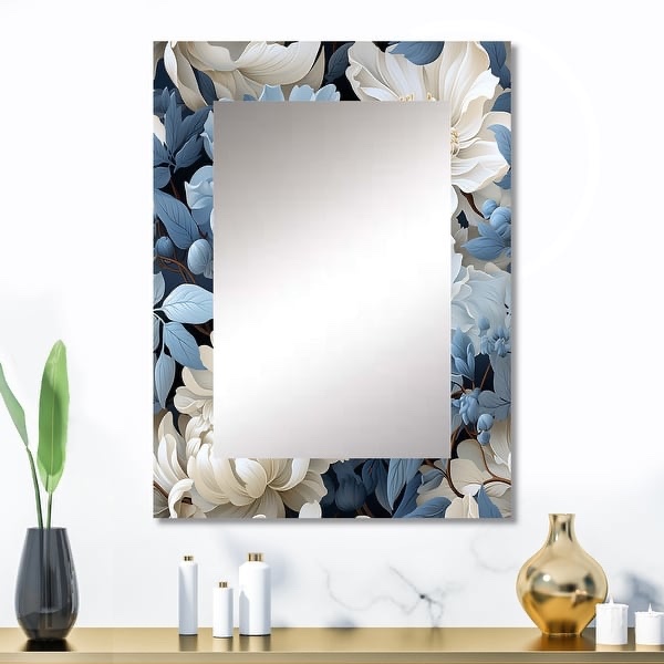 Designart "Misty Whispers Moody Patterns" Floral Blue Wall Mirror - Cottage Large Mirror For Living Room
