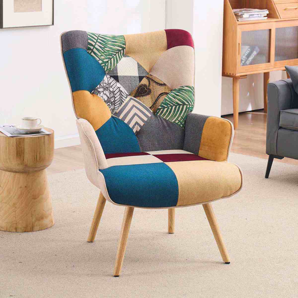 Heidegard Accent Chair Modern High Back Arm Chair, Colourful Patchwork Reading Chairs for Bedroom