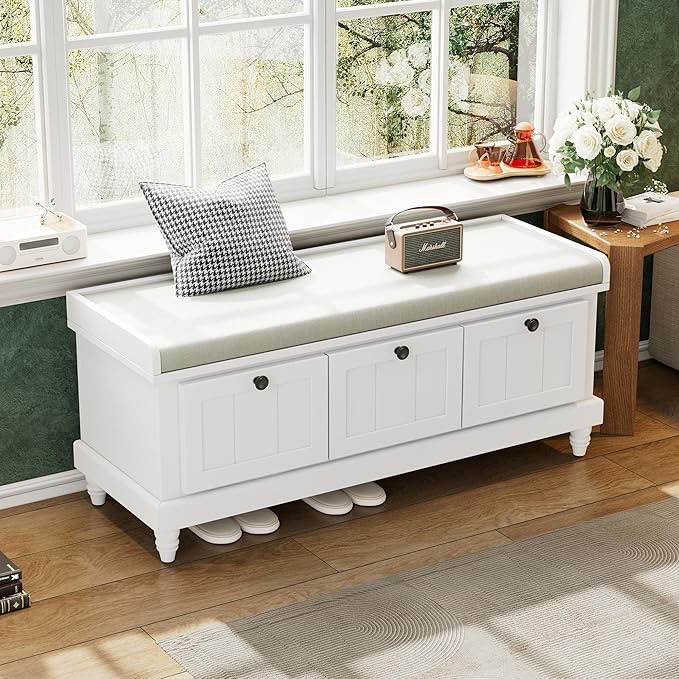 RUNNA Classic Storage Bench with Cushioned Seat and Three Drawers for Entryway and Living Room (White@012