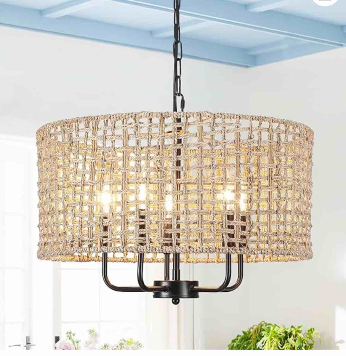 Sponsored                   2+     Rattan Chandelier Farmhouse 5 Lights Hand Woven Large Boho Chandeliers for Dining Room Light Fixture Hanging 19&#34; Wicker Pendant Lighting Drum Chandeliers for Living Room Kitchen Island Foyer Hallway