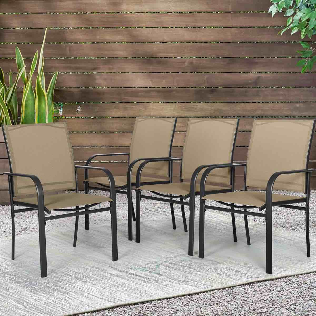Outdoor Dining Armchairs with PVC-coated polyester Fabric and Wrought Iron Frame Set of 4