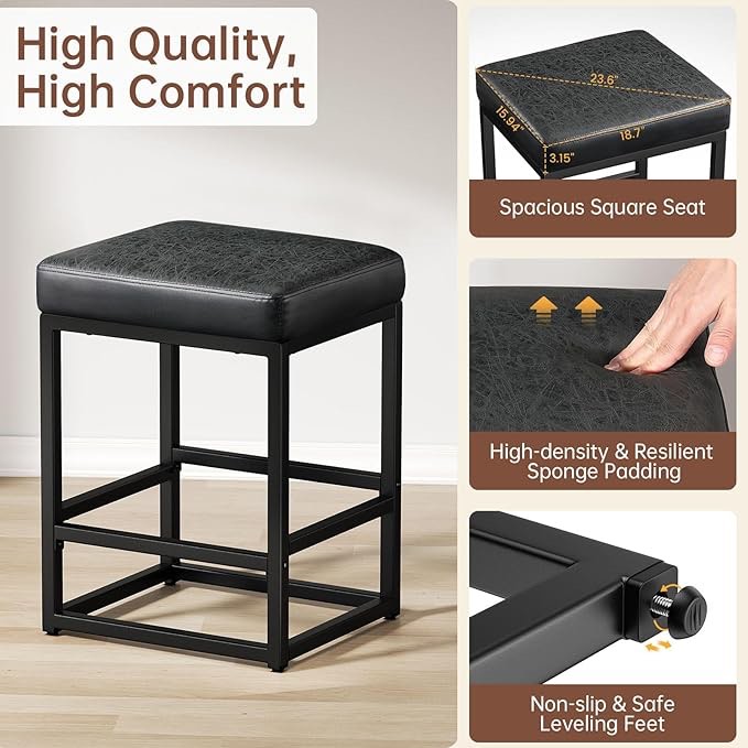 raynesys counter height bar stools " barstools for kitchen countertop, faux leather counter stools with thick square seats & sturdy metal base, simple assembly, black