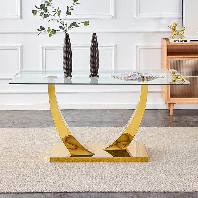 Glass Dining Table for 4-6, Contemporary Rectangular Kitchen Glass Table with Tempered Glass Top & Gold Metal U-Shaped Pedestal for Dining Room Meeting Room