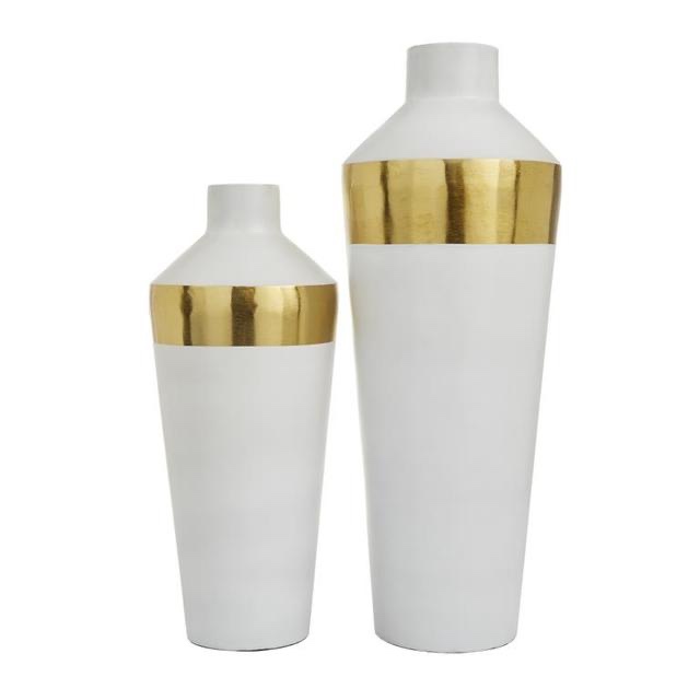 White Metal Decorative Vase with Gold Band, Set of 2 20", 16"H