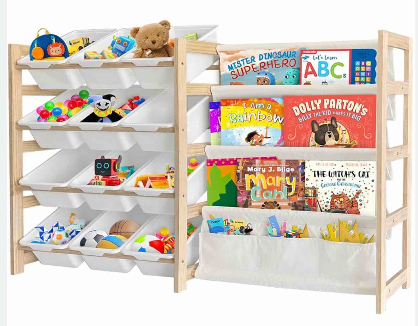 toy storage organizer with bookshelf - 12 storage bins 4-tier multipurpose shelf to organize toys and books for kids room, playroom, nursery room, white