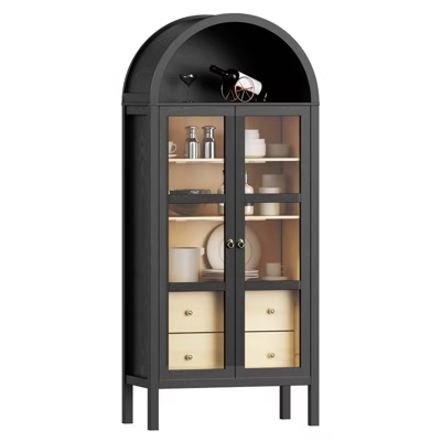 broken)))) incomplete)))) 72" Tall Modern Farmhouse Arched Cabinet with Glass Doors and Auto Sensor Light Arch Storage Cabinet with Height Adjustable Shelf and 2 Drawers 