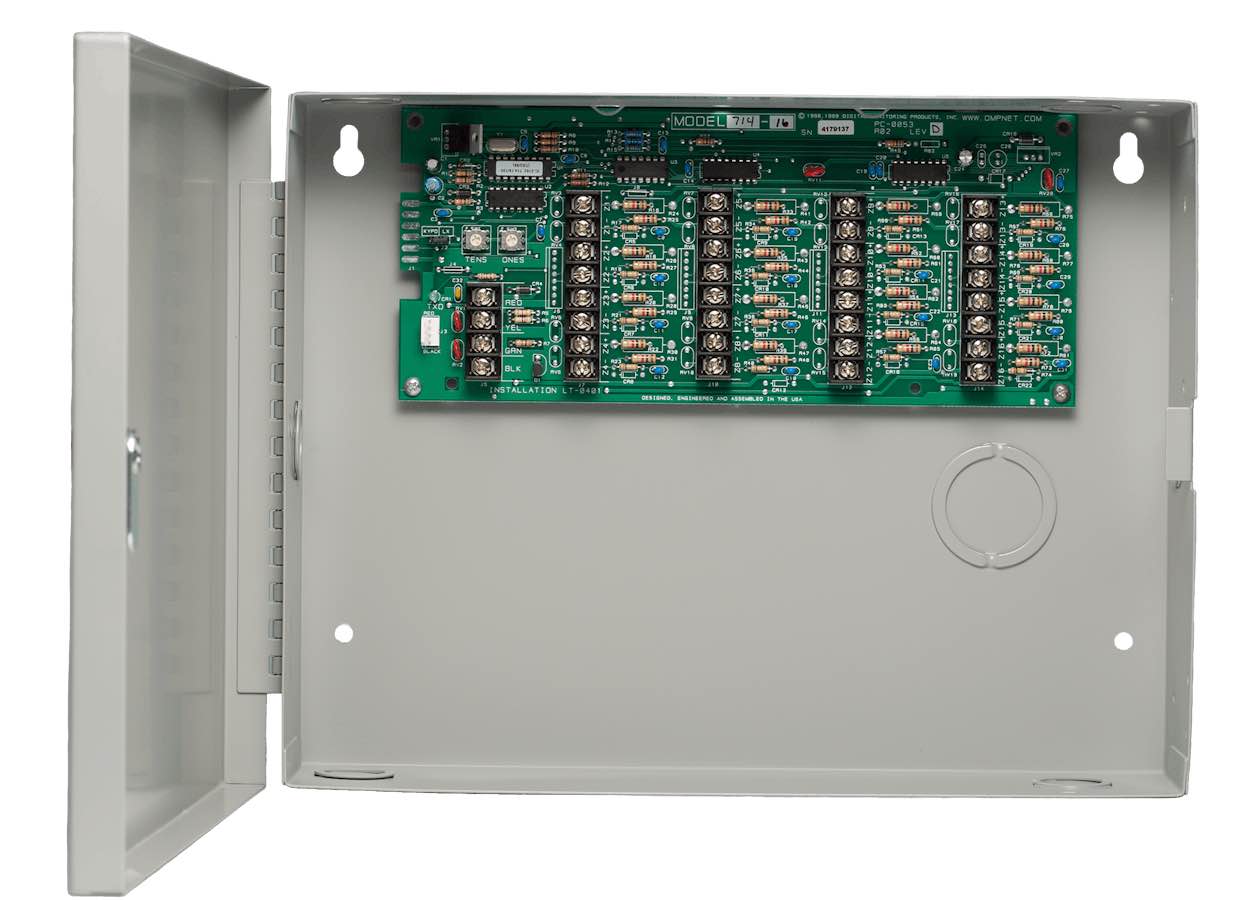 714-16 Zone Expansion Module Terminal block installation with a standard enclosure for sixteen burglary or Class B non-powered fire devices. 20-gauge enclosure with ½" or 3/4" conduit knockouts. Includes 340 enclosure with lock and key plus EOL resistors.