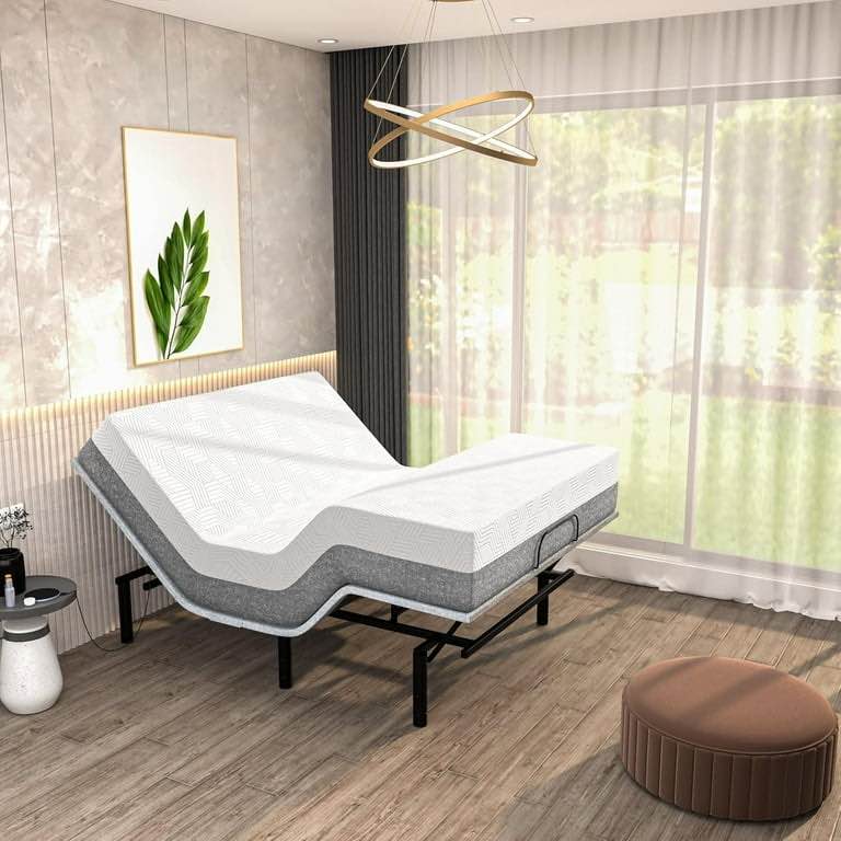 Renanim Serenityflex Adjustable Bed Frame with 14" Mattress Included Electric Massage - USB, Under Bed Light, Luxury Cooling Gel Memory Foam Mattress, App Control, Head and Foot Incline Base
