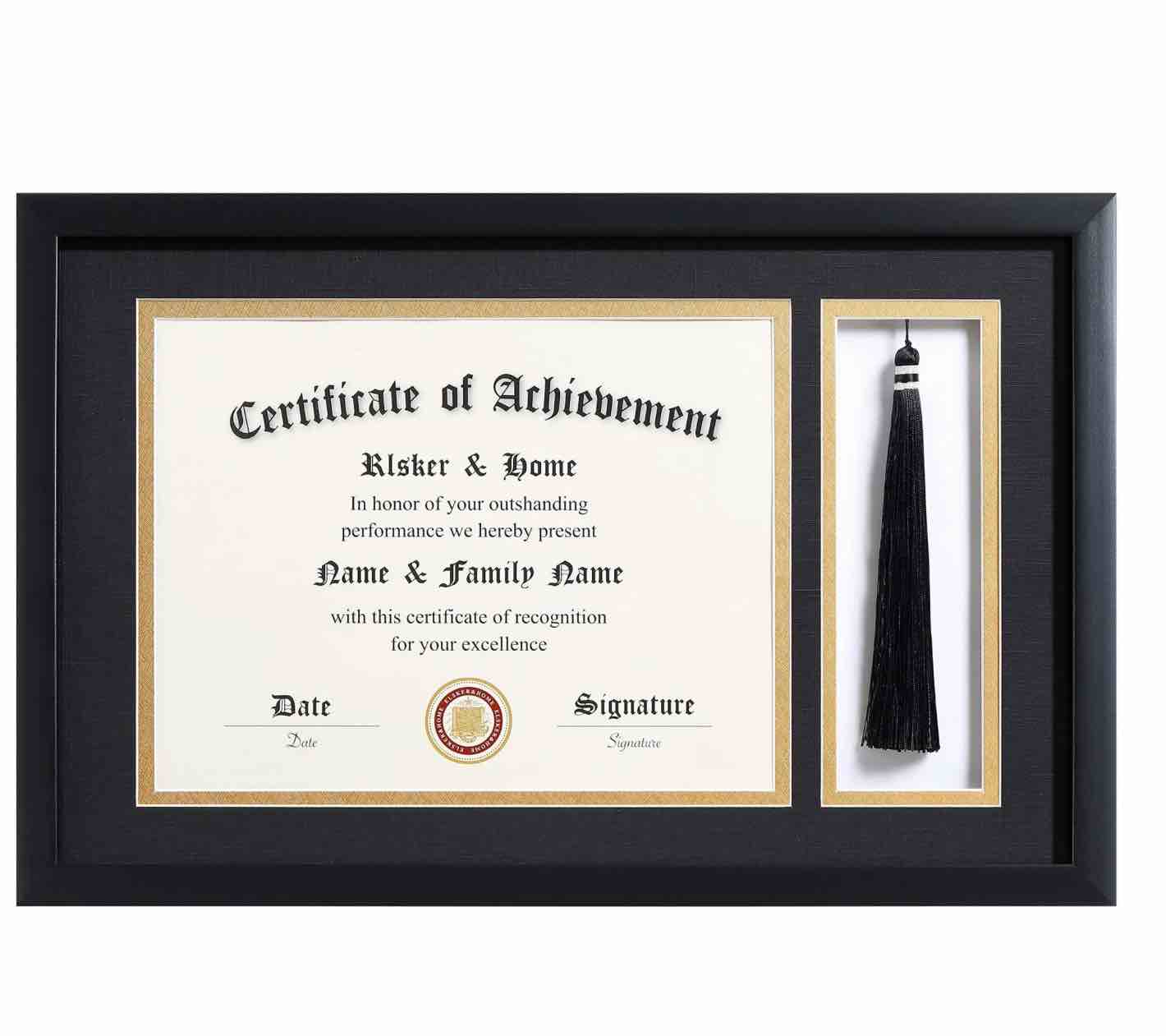 ELSKER&HOME 11x17 Diploma Frames with Tassel Holder for 8.5x11 Certificate Document Shadow Box, Matte Black Frame, Degree Double Mat, Black with Gold Rim