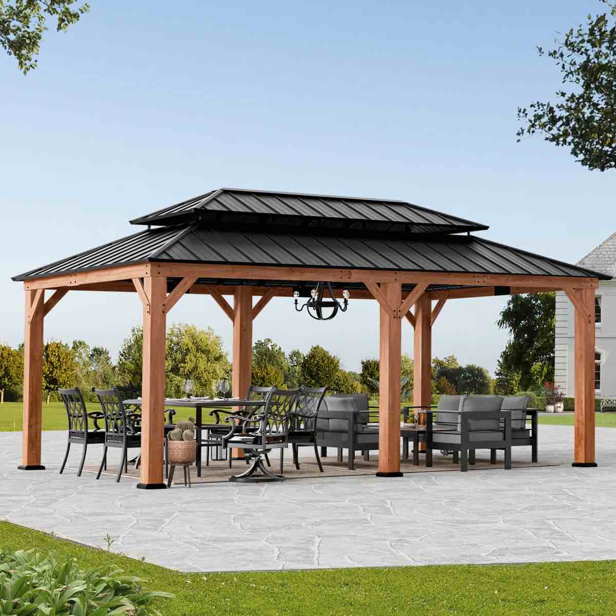 Rosewood 12' X 20' Premium Cedar Wood Framed Hard Top Patio Gazebo With 2-Tier Metal Roof ( incomplete box 4 of 7 )
