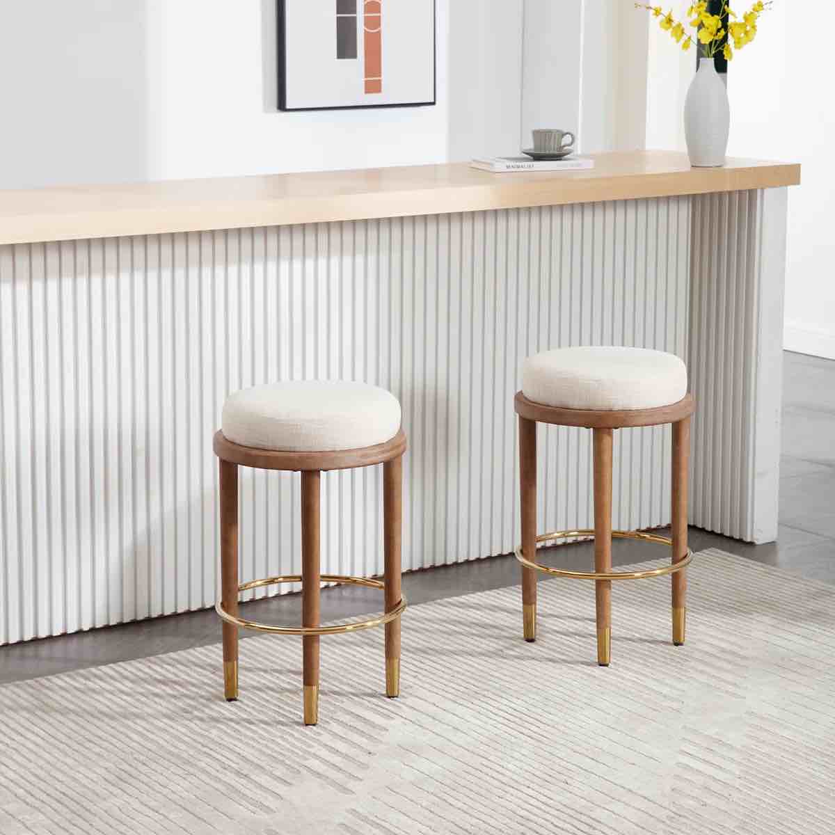 Modern Upholstered Bar Stool Without Backrest With Gold Ring Stirrups
