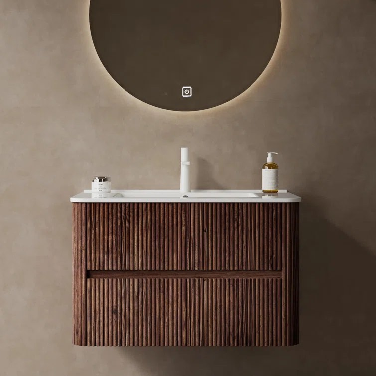 30" Striped Nature Solid Wood Bathroom Vanity with Sink, Modern Wall-Mounted Floating Plywood Bathroom Cabinet, White Ceramic Basin, Pre-assembled, Retro Walnut